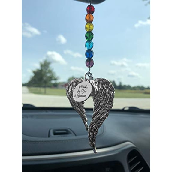 Heart Projects Rainbow Memorial Car Charn with I'll Look for You in Rainbows Message Charm, Angel Wing & Family Member Charm, Rainbow Colored Beads, Sympathy Gift