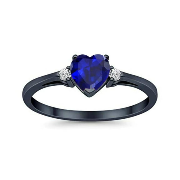 Heart Promise Black Tone, Simulated Blue Sapphire CZ Wedding Ring 925 Sterling Silver size 6
