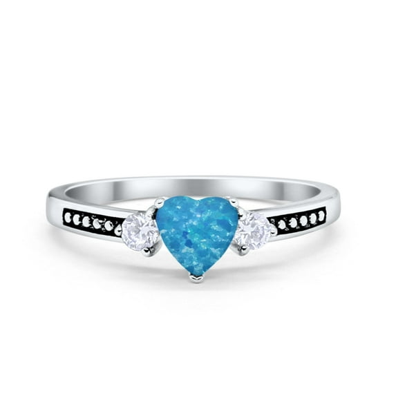 Heart Promise Ring Lab Created Blue Opal Black Accent 925 Sterling Silver Size 4