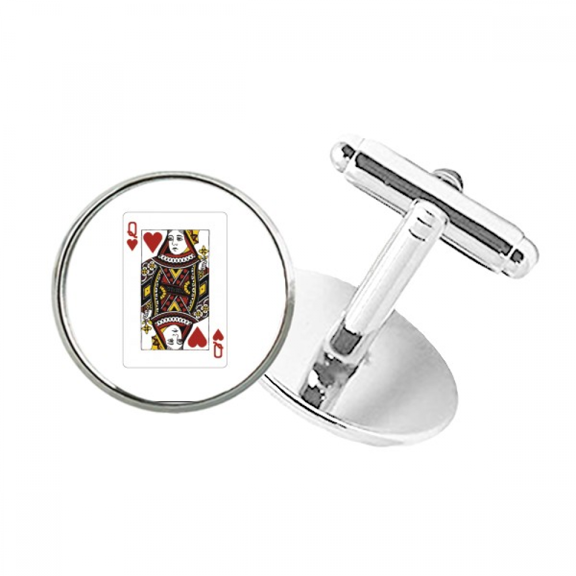 Heart Q Playing Cards Pattern Round Button Cuff Clip Stud Cufflinks