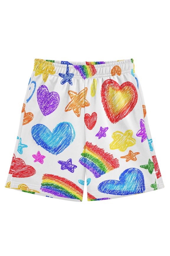 Heart Rainbow Colored Pencils Pattern Athletic Shorts Breathable with Comfort Fit Drawstring Casual Sweatshorts Medium