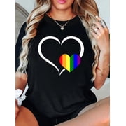 Heart Rainbow Flag LGBT-Q Cool Gay Pride Ally Equality Relaxed Fit Classic Comfort Cotton T-Shirt Womens Graphic Tee Crew Neck summer vacation Tops