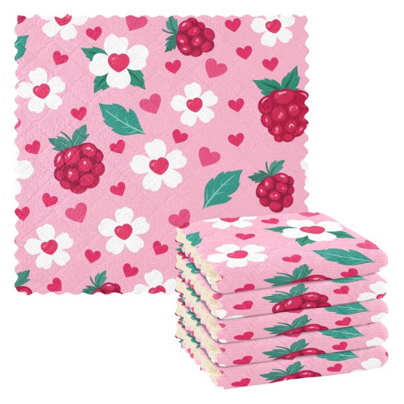 Heart Raspberry Flower Dish Towels 6 Pack Kitchen Cleaning Dish Cloths Absorbent Reuseable Cleaning Cloths 11'' x 11''