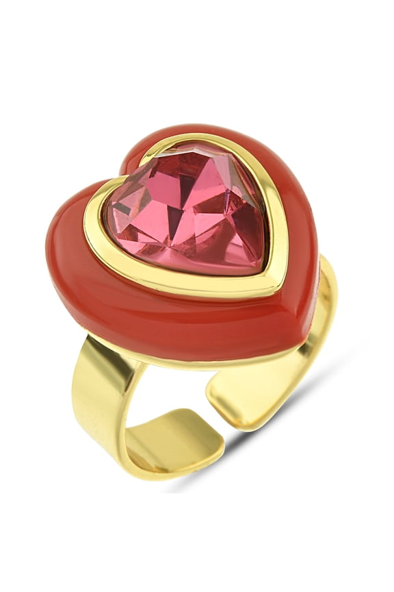Heart Red Stone Cocktail Ring - Adjustable 14K Gold Plated Brass Ring - Red Resin Ring - Coral Beach Ring for Women - Large Hippie Ring for Forefinger