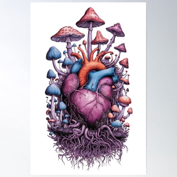 My Heart Releases Spores Organic Mushrooms Goblincore Shrooms Gift For Forager Foraging Nature Lovers Forestcore Mountain Mycology Dark Fantasy Poster Wall Art, Modern Wall Decor, 8x12 UNFRAMED