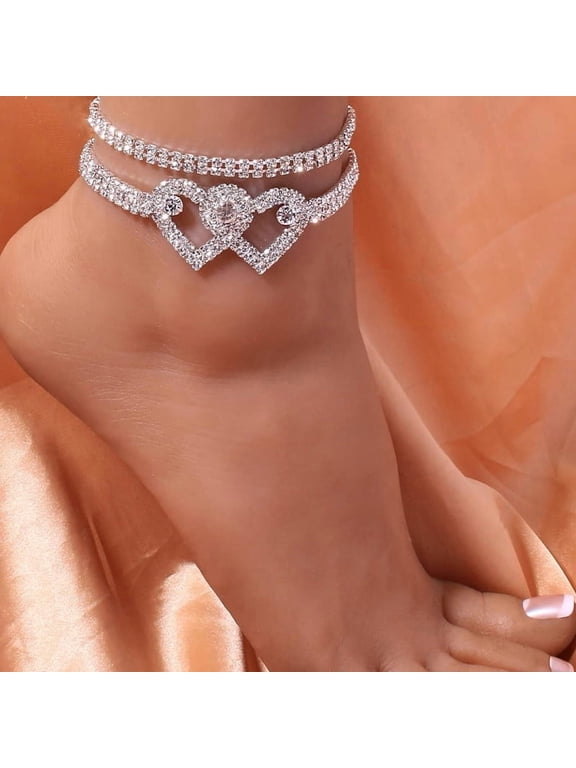 Heart Rhinestone Ankle Bracelets for Women, Adjustable Silver Shiny Tennis Anklets, Twinkle Cubic Zircon Diamond Anklet Foot Chain Jewelry Gifts