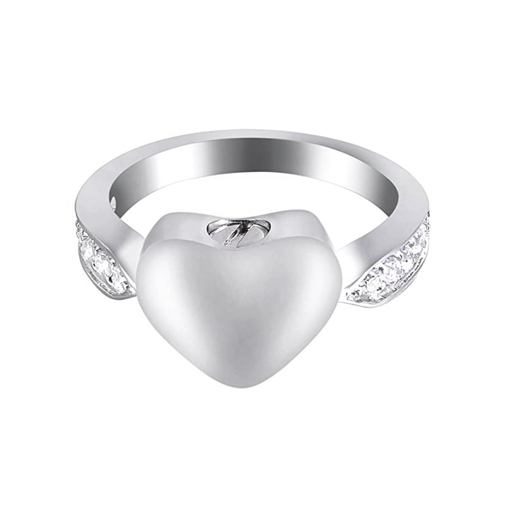 Heart Rhinestone Inlay Tiny Cremation Urn Ring Jewelry Stainless Steel Memorial Keepsake Ring Ashes Holder Waterproof Ash Ring Container with Free Funnel Kit and Velvet Jewelry Box - Size 7