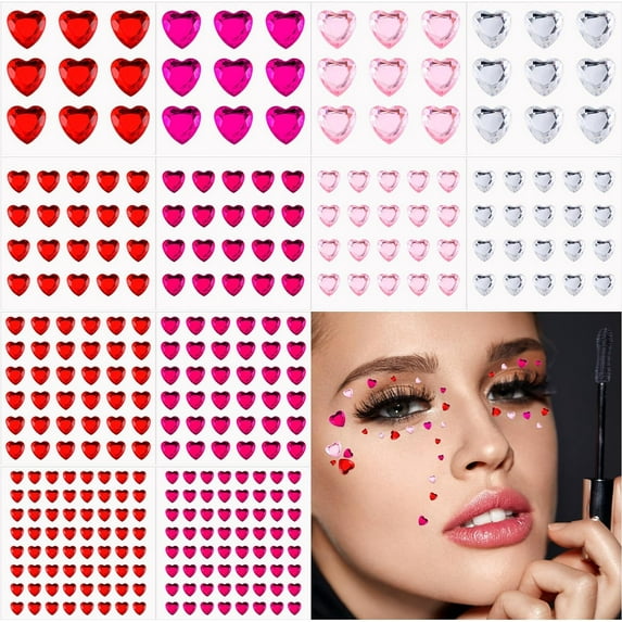 Heart Rhinestones Face Sticker Acrylic Heart Gems Stickers Crystal Sticker Self Adhesive Flat Back Heart Rhinestone Sticker for Valentine's Day DIY Crafts