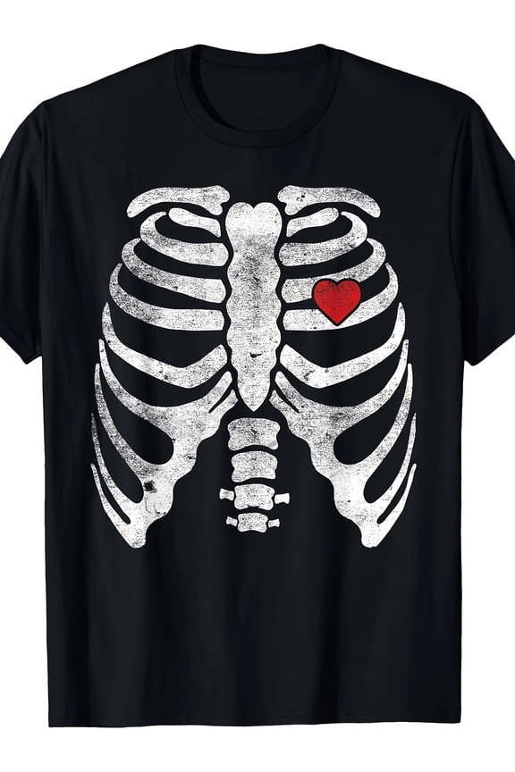 Heart Rib Cage X-Ray Adult Funny Halloween Skeleton T-Shirt220g
