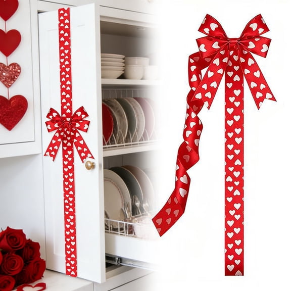 Heart Ribbon Bows for Cabinet Decor, Large 79 Inch Valentine's Day Red and White Bows, Valentine Party Supplies for Window Kitchen Home Decor, Holiday Decorations for Wall Furniture Door Gifts