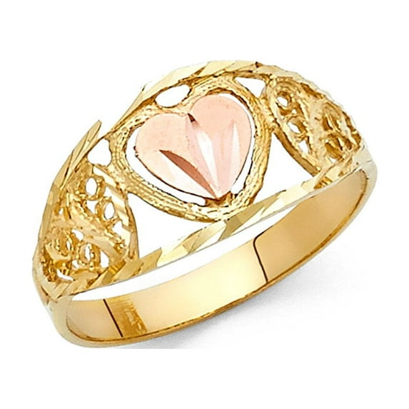 Heart Ring 14k Yellow Rose Gold Fancy Love Band Tapered Diamond Cut Polished Two Tone 10MM, Size 7.5