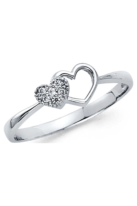 Heart Ring CZ Solid 14k White Gold Two Hearts Together Love Band Right Hand Promise Ring Fancy, Size 8