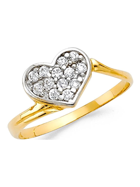 Heart Ring CZ Solid 14k Yellow Gold Band Right Hand Love Promise Ring Pave Set Stylish Polished, Size 7