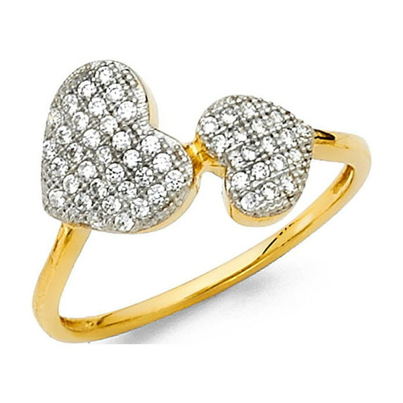 Heart Ring CZ Solid 14k Yellow Gold Band Two Hearts Promise Ring Commitment of Love Pave Set , Size 8