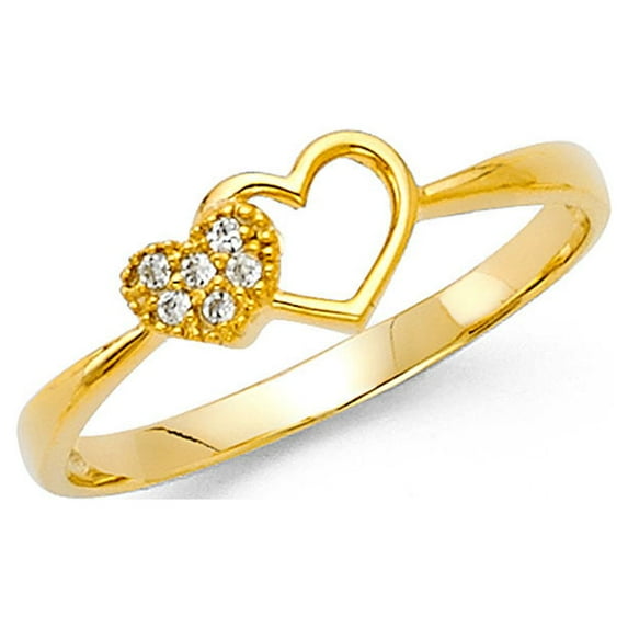 Heart Ring CZ Solid 14k Yellow Gold Two Hearts Together Love Band Right Hand Promise Ring Fancy, Size 5.5