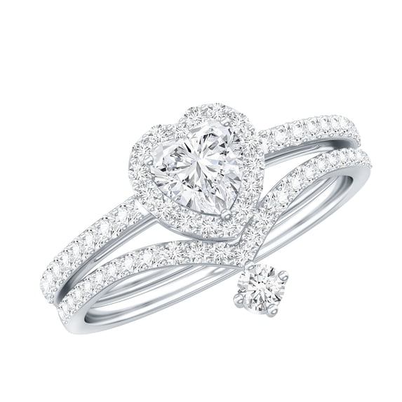 Rosec Jewels Moissanite Heart Engagement Ring with Curved Band - Moissanite Wedding Ring Set of 2 - D-VS1 Grade, 14K White Gold, US 12.00