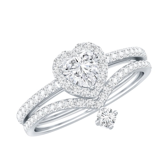 Rosec Jewels Moissanite Heart Engagement Ring with Curved Band - Moissanite Wedding Ring Set of 2 - D-VS1 Grade, 925 Sterling Silver, US 5.50