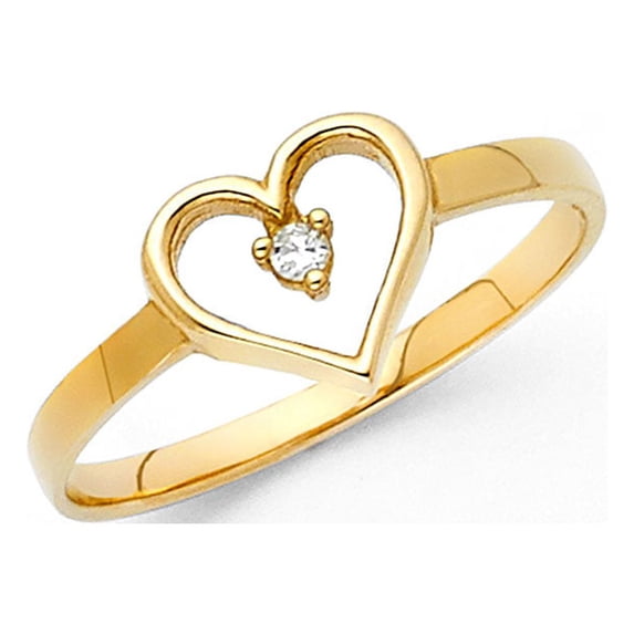 Heart Ring Solid 14k Yellow Gold Love Band CZ Stylish Promise Ring Right Hand Polished Fancy, Size 8