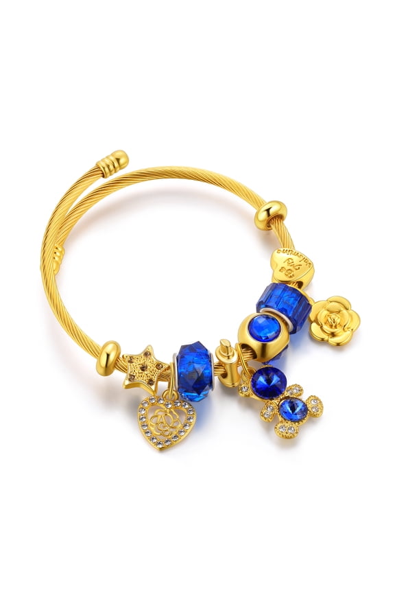 Heart Rose Flower Blue Teddy Bear Charm Bracelet for Women Gold Plated Crystal Beads Bangle Girls