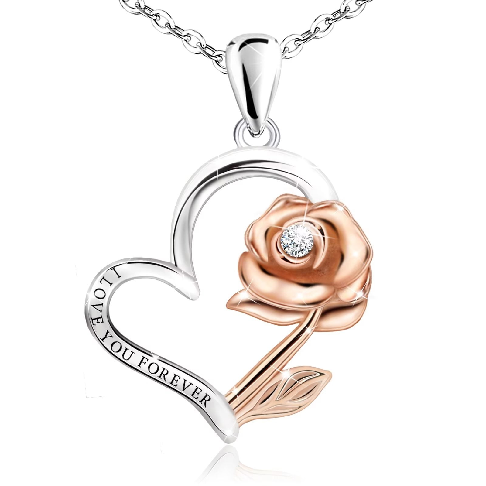 EVELYNI Heart Rose Flower Pendant Necklace Silver Chain 18K Rose Gold Plated Hypoallergenic Cubic Zirconia Roses Romantic Jewelry Birthday Gifts for Women Girls