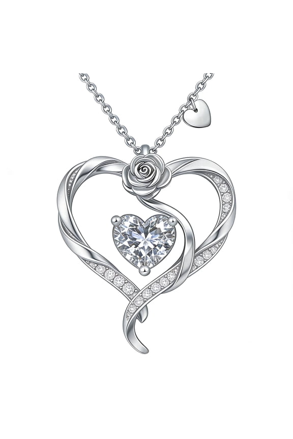 Heart Rose Pendant Clear, Zirconia Love Necklace, Silver Tone