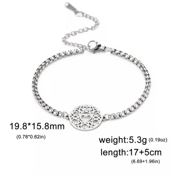 Heart Round Charm Bracelet Women Stainless Steel Box Chain Bracelet Jewelry