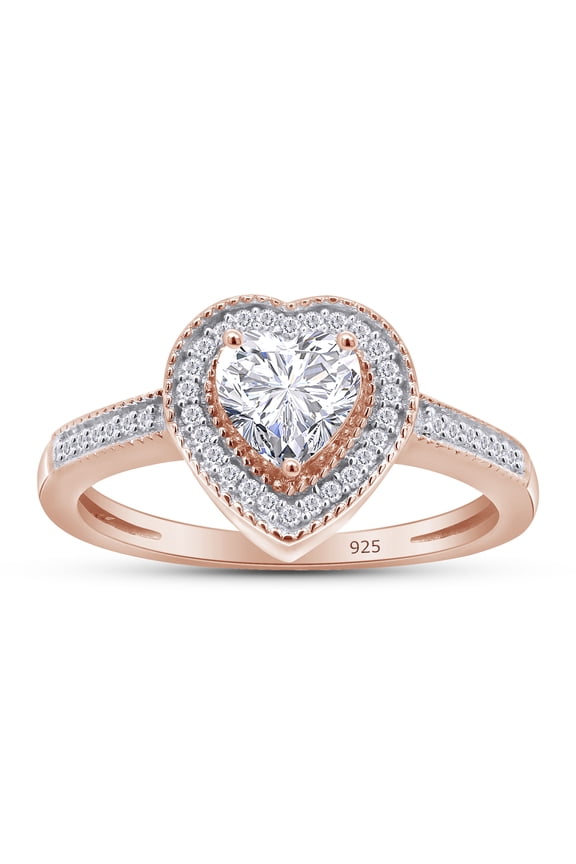 Heart & Round Cut White Cubic Zirconia Love Heart Halo Ring In 14K Rose Gold Plated 925 Sterling Silver (Color: White, Clarity: VVS1-VVS2) -6.5