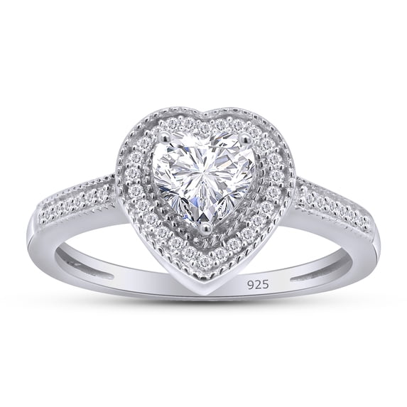 Heart & Round Cut White Cubic Zirconia Love Heart Halo Ring In 14K White Gold Plated 925 Sterling Silver (Color: White, Clarity: VVS1-VVS2) -14