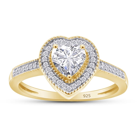 Heart & Round Cut White Cubic Zirconia Love Heart Halo Ring In 14K Yellow Gold Plated 925 Sterling Silver (Color: White, Clarity: VVS1-VVS2) -13