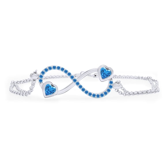 AFFY Heart & Round Shape Simulated Blue Topaz Infinity Heart Chain Bracelets In 14k White Gold Over Sterling Silver -8.5"