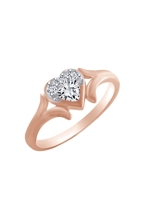 Heart & Round Shape White Cubic Zirconia Heart Promise Ring In 14k Rose Gold Over Sterling Silver Ring Size-5.5
