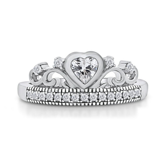 AFFY Heart & Round White Cubic Zirconia Womens Crown Ring In 14k White Gold Over Sterling Silver Ring Size-5