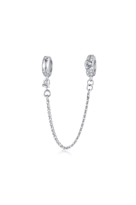 Heart Safety Chain Charm  , Genuine 925 Sterling Silver, Compatible with Most Charm Bracelet