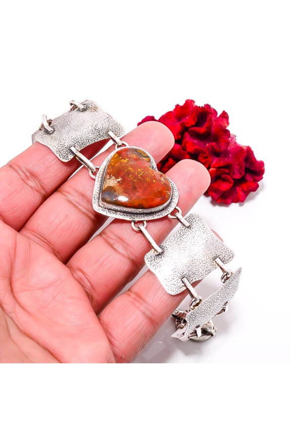 Heart - Seam Agate - Morocco 925 Sterling Textured Silver Bracelet 8.99" B84348, Christmas Gift