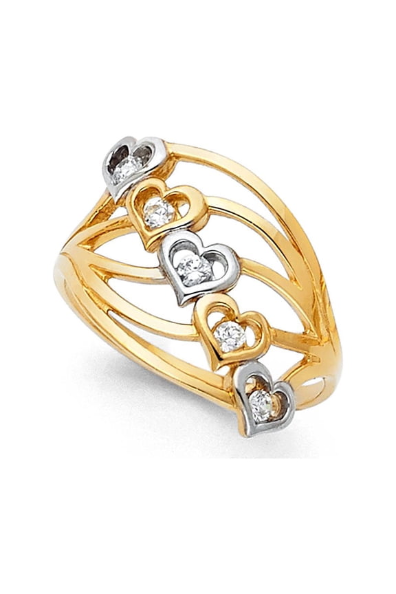 Heart Semanario Ring Solid 14k White Yellow Gold Love Band CZ Stackable Look Five 5 Day Fancy, Size 5