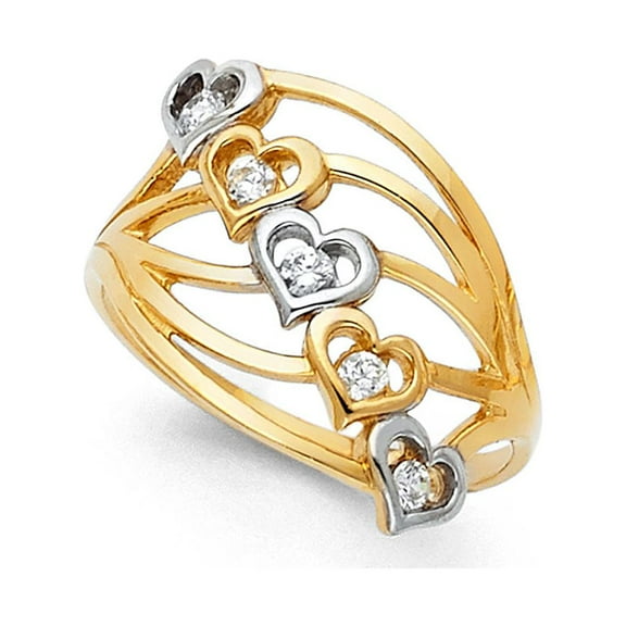 Heart Semanario Ring Solid 14k White Yellow Gold Love Band CZ Stackable Look Five 5 Day Fancy, Size 7