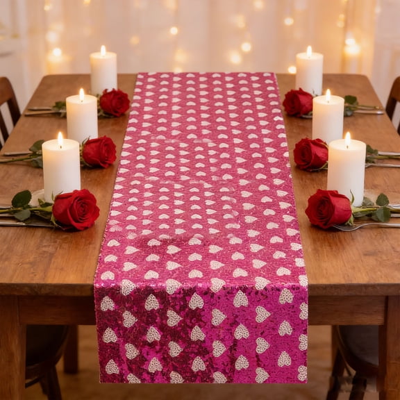 Heart Sequined Mesh Table Runner for Valentine's Day Wedding Party Decorations Glittery Sparkling Romantic Dinner Table Centerpiece Decor for Anniversary Birthday Celebration