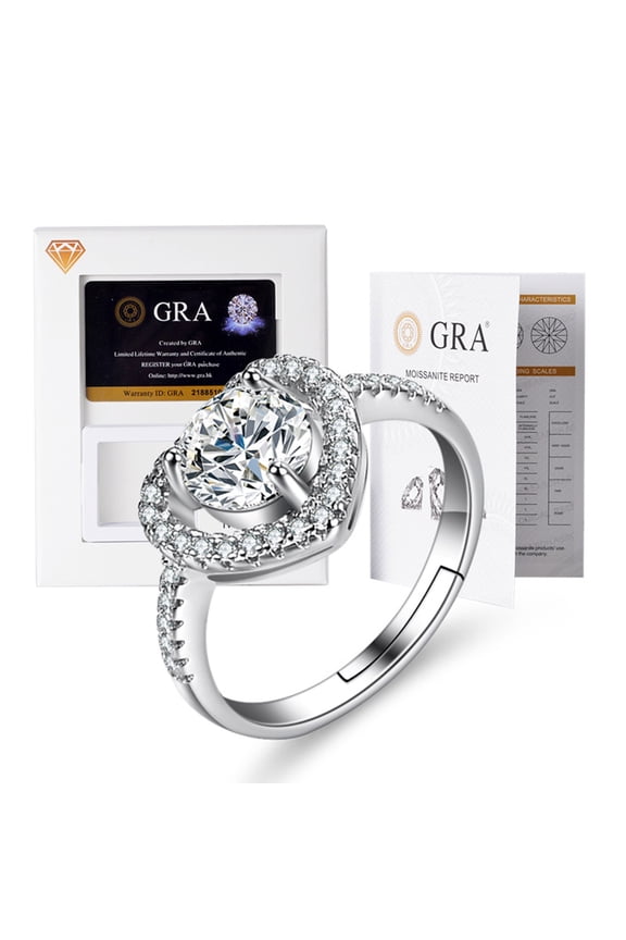 Heart Shape 1 Carat Round cut Moissanite Diamond VVS1 D Color multi-stone Engagement Ring in White Gold Plated Silver Wedding Jewelry for Women with Adjustable Open