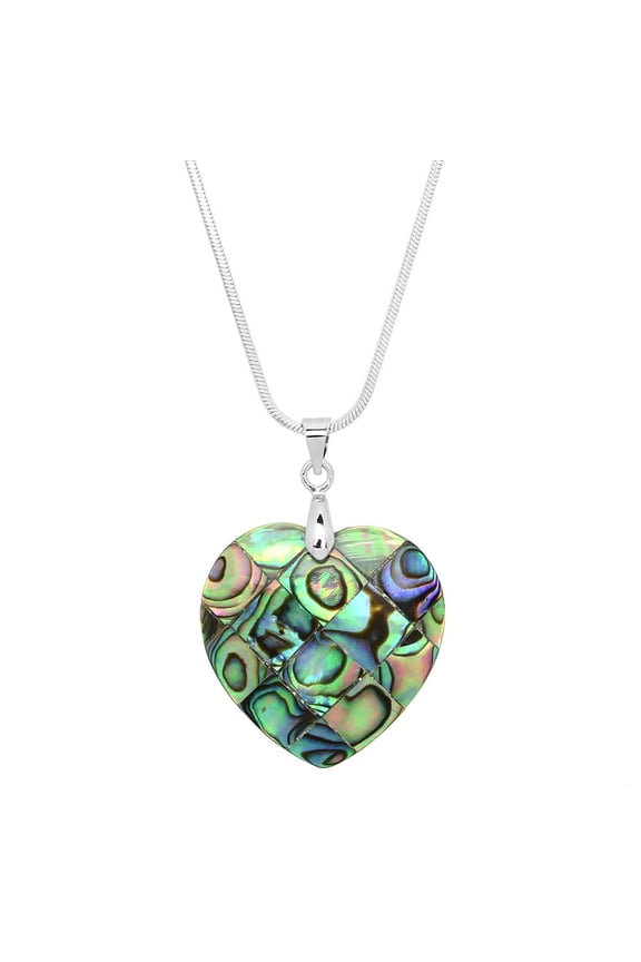 Heart Shape Abalone Shell Pendant Necklace Rhodium Plated 17 Inch Snake Chain J0748