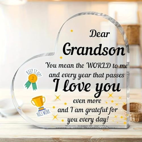 Heart Shape Acrylic Plaque Block 4X4 Inch Lightweight Decorative Motivational Sign Trophy Star Design Keepsake Tabletop Decor for Grandson Ideal for Home Office Desk Graduation Birthday Gift