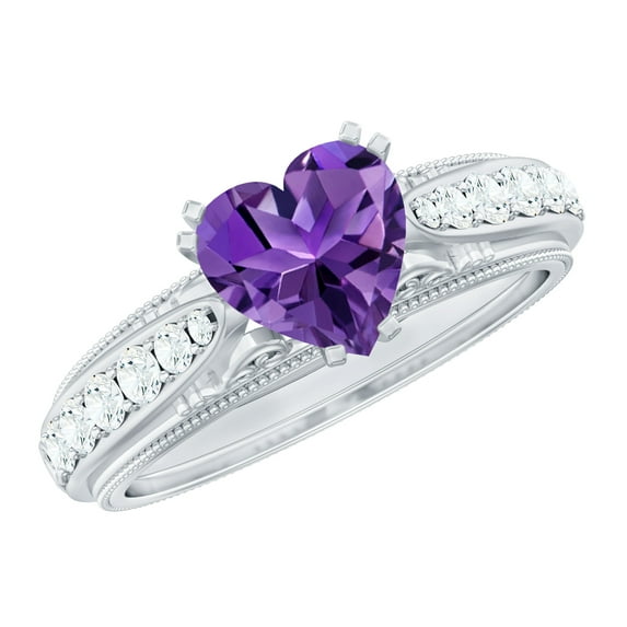 Rosec Jewels Natural Amethyst Heart Engagement Ring 2 Carat - AAA Grade - Vintage Style Amethyst Diamond Ring - with Jewelry Box, 10K White Gold, US 10.50