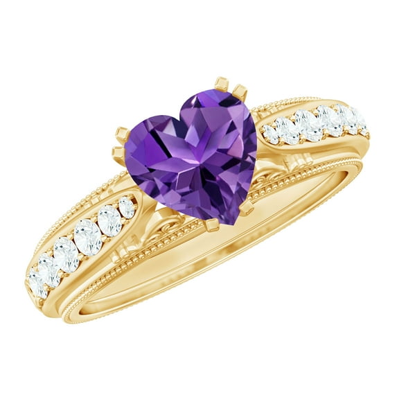 Rosec Jewels Natural Amethyst Heart Engagement Ring 2 Carat - AAA Grade - Vintage Style Amethyst Diamond Ring - with Jewelry Box, 18K Yellow Gold, US 12.50