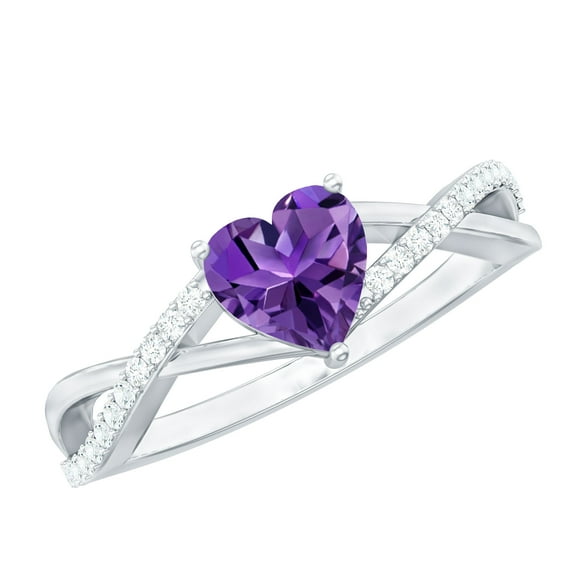 Rosec Jewels Heart Shape Amethyst Solitaire Crossover Ring with Diamond (6 mm), 14K White Gold, US 5.00