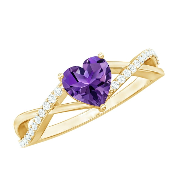 Rosec Jewels Heart Shape Amethyst Solitaire Crossover Ring with Diamond (6 mm), 14K Yellow Gold, US 10.00