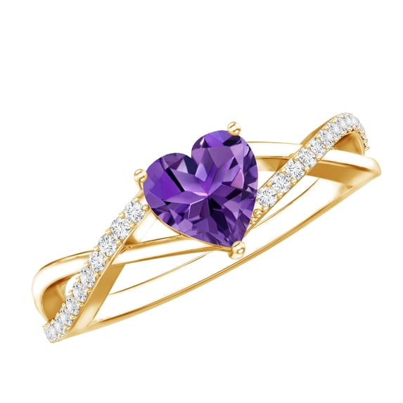 Rosec Jewels Heart Shape Amethyst Solitaire Crossover Ring with Diamond (6 mm), 14K Yellow Gold, US 8.00