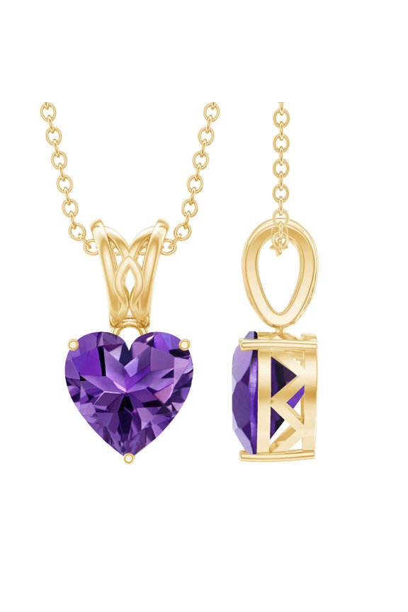 Heart Shape Amethyst Solitaire Pendant Necklace for Women - 8 mm - AAA Grade, 10K Yellow Gold