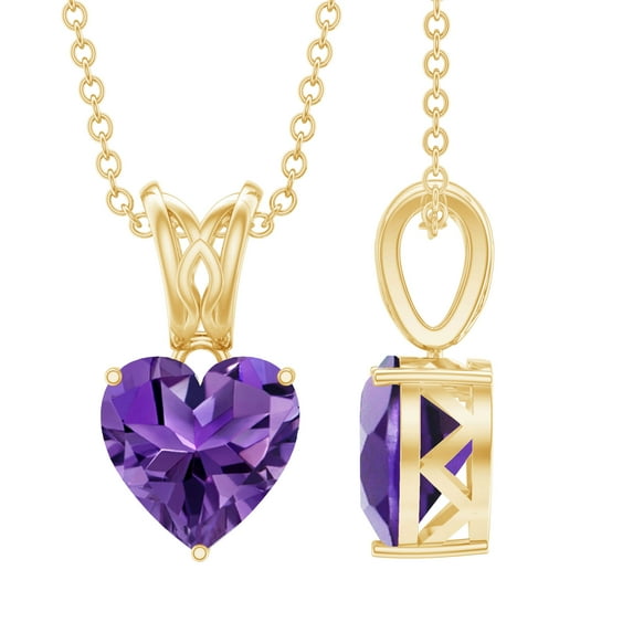 Rosec Jewels Real Amethyst Heart Pendant Necklace (8mm, AAA Quality, 2 Carat) - with Chain - February Birthstone Necklace, 10K Yellow Gold