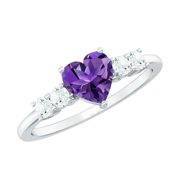 Rosec Jewels Real Amethyst Heart Engagement Ring for Women - Real Amethyst Ring with Moissanite - with Jewelry Box, 18K White Gold, US 3.00