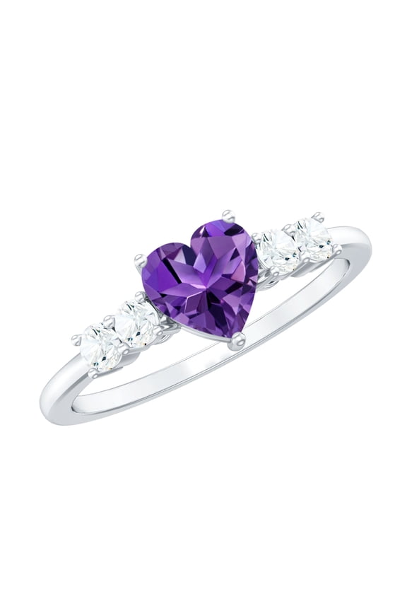 Real Amethyst Heart Engagement Ring for Women - Real Amethyst Ring with Moissanite - with Jewelry Box, 925 Sterling Silver, US 4.00