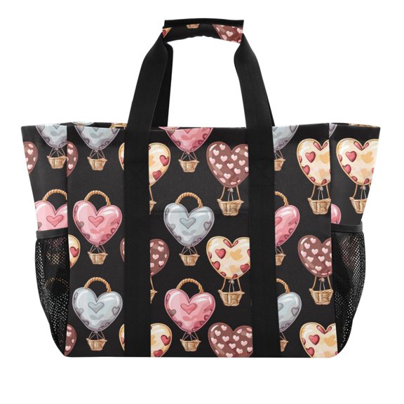 Heart Shape Balloon Reusable Grocery Bags with Handle Side Pocket Waterproof Shopping Portable Tote